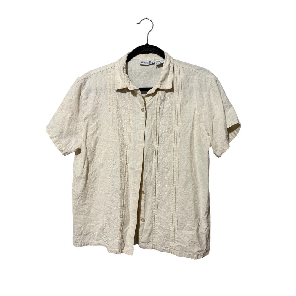 Willow Bay Linen Blend Pintuck Embroidered Short Sleeve Beige L Top